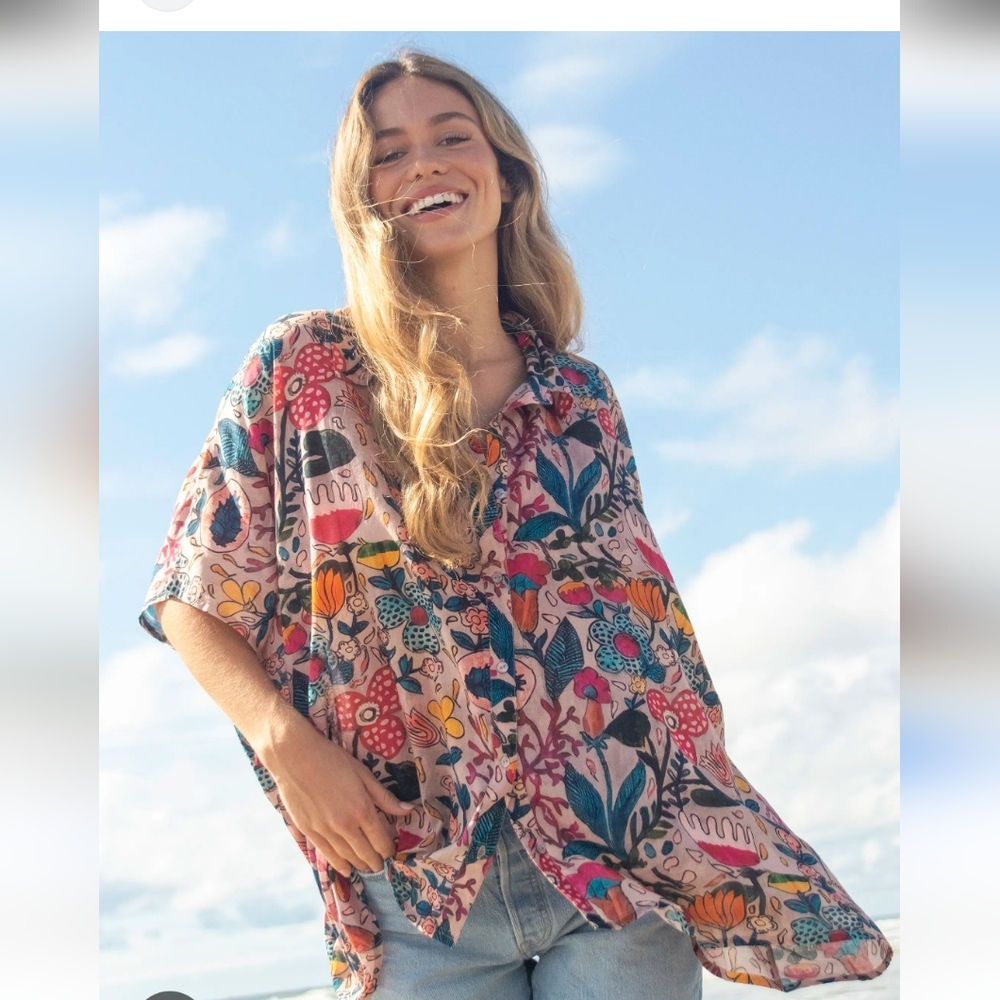 Natural Life Sz OS Kelly Oversized Cotton Button Down Pink Floral Lagenlook Boho